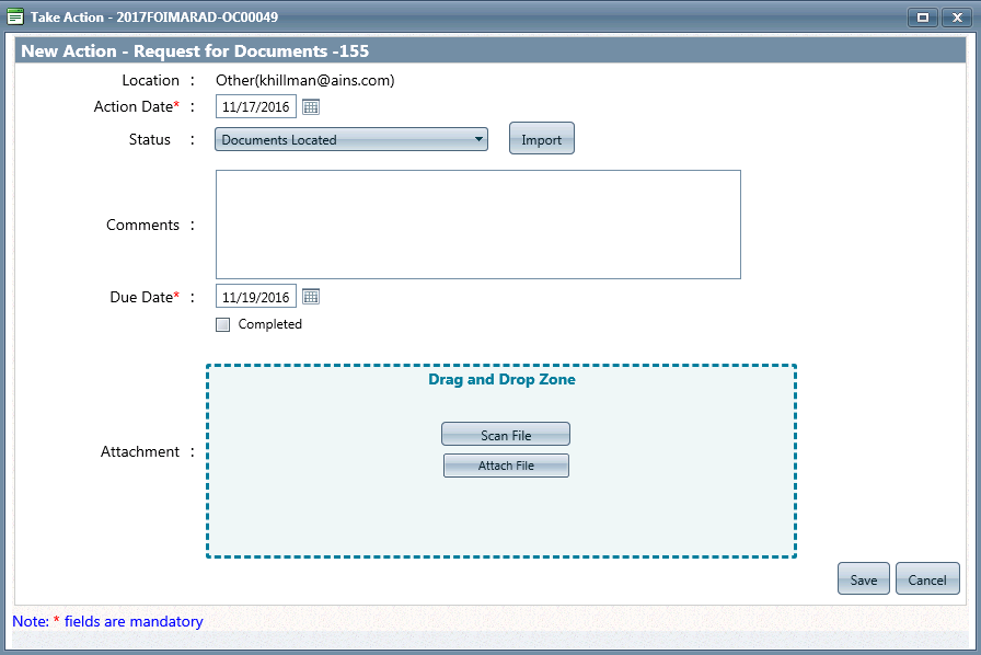 Take Action Window with Import Option